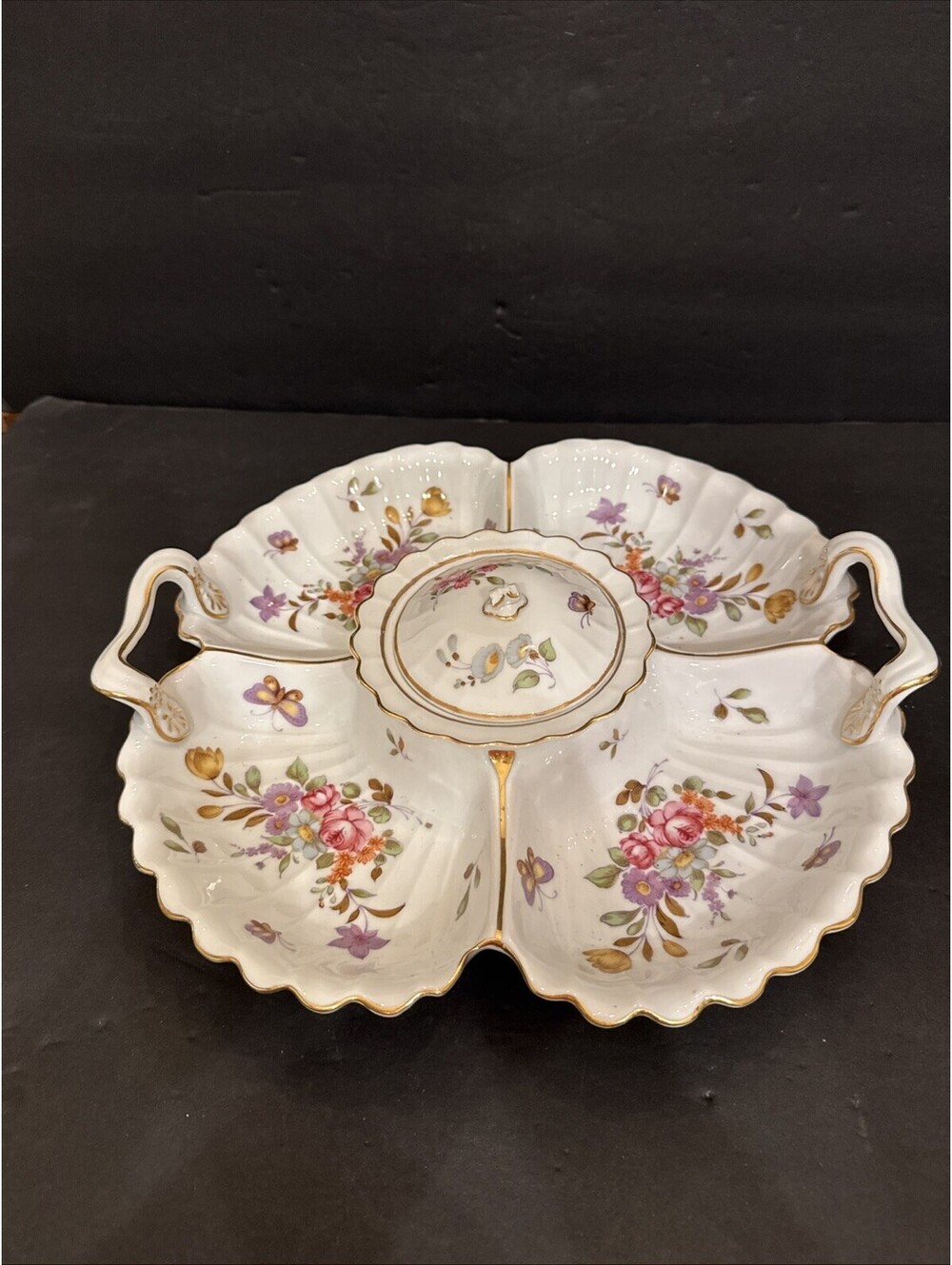 Andrea by Sadek Porcelain Dresden Floral Appetizer 5 Section 13” Diameter